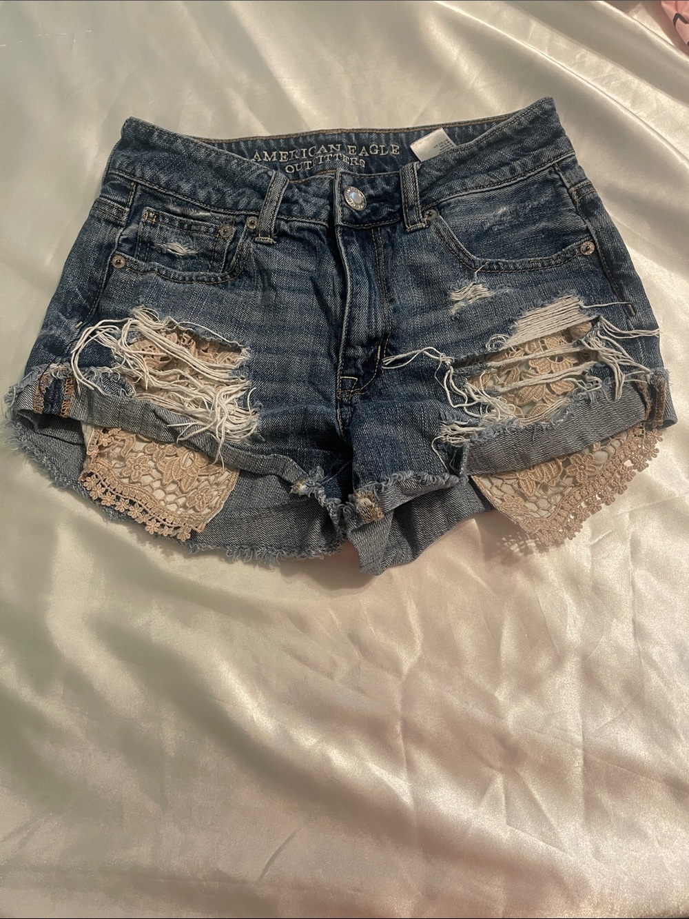 American Eagle Outfitters Blue Distressed Denim Shorts with Beige Lace